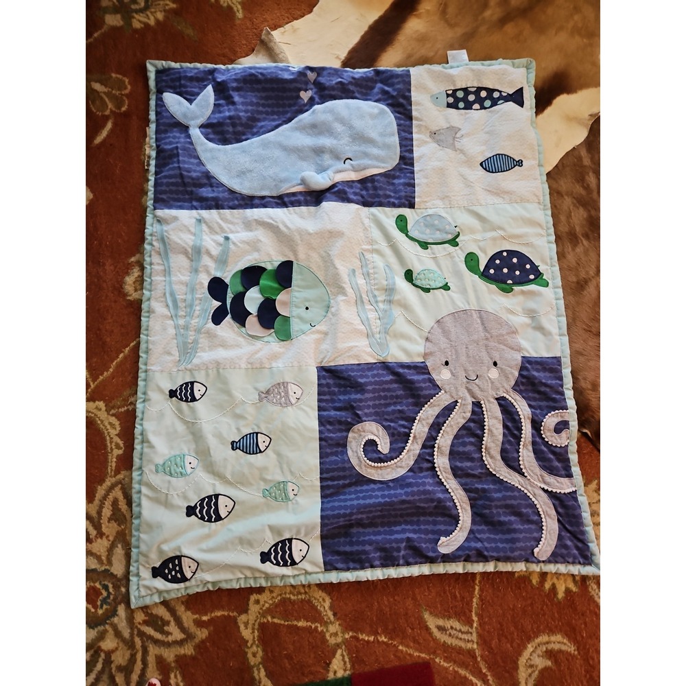 Lambs & Ivy Oceania Crib Quilt Baby Blanket Whale Octopus Fish Turtle 42x34
